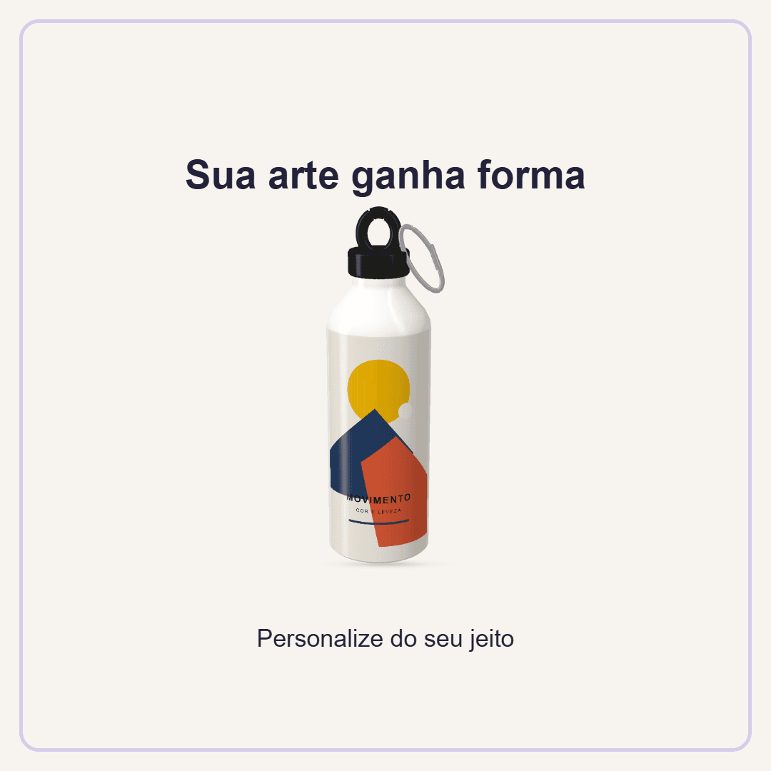 Mockup quadrado de um squeeze branco com arte geométrica original em azul, laranja e amarelo.